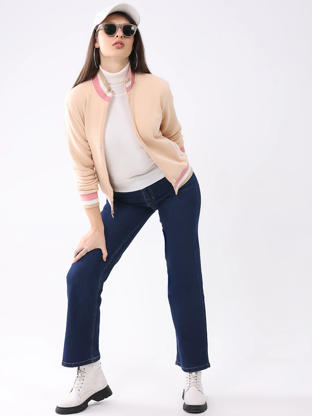 Women Peach Solid Mock Neck Full Sleeve Sweatshirt - Image 2