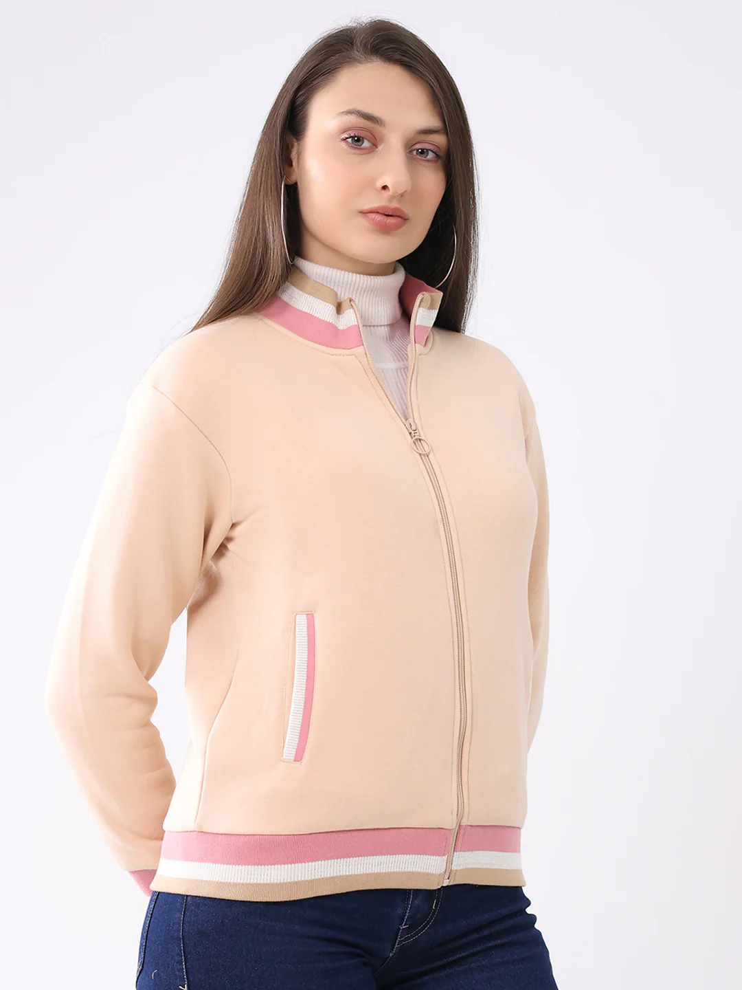 Women Peach Solid Mock Neck Full Sleeve Sweatshirt - Image 4
