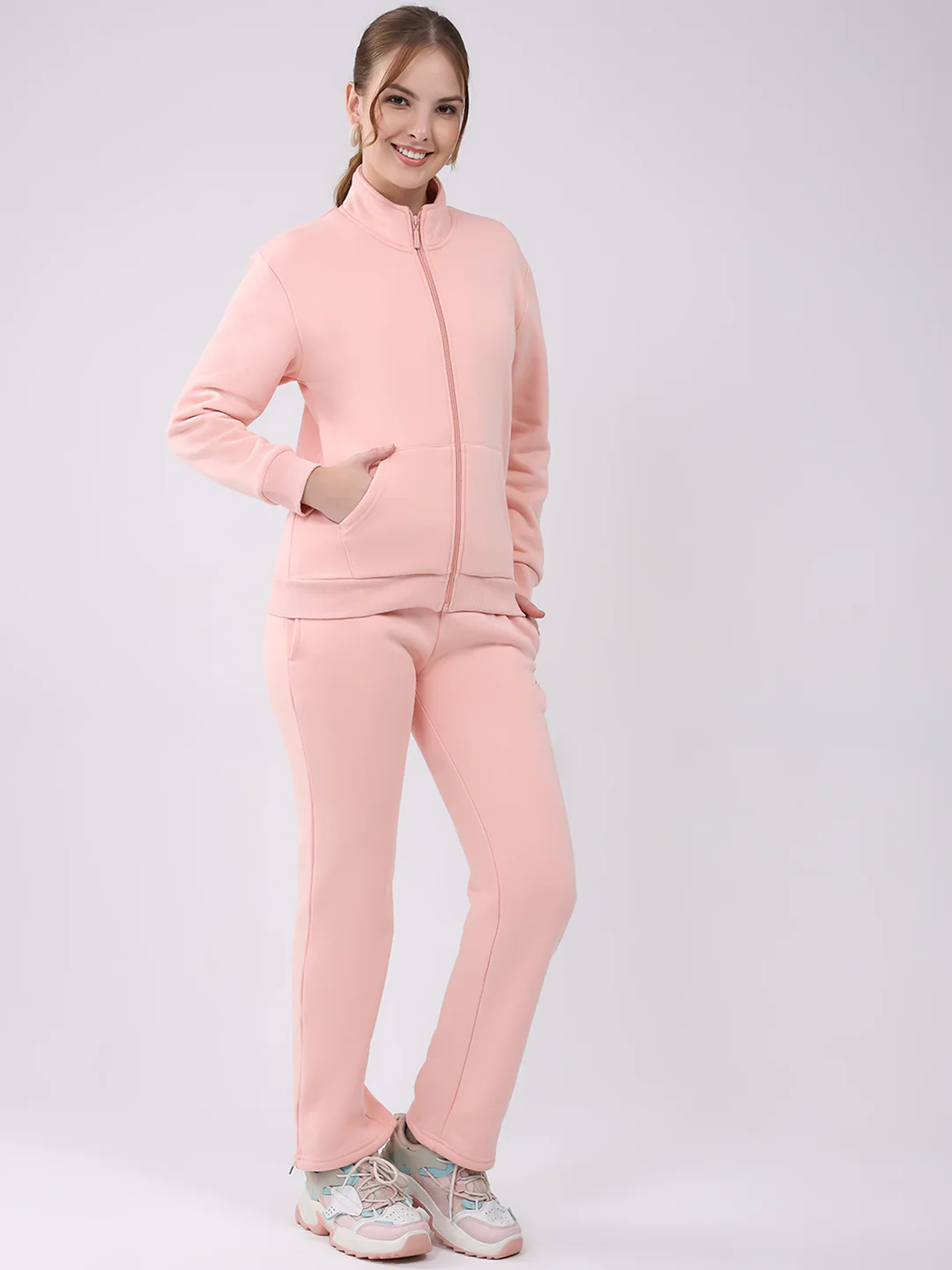 Women Peach Solid Mock Neck Full Sleeve Winter Tracksuit - Image 4