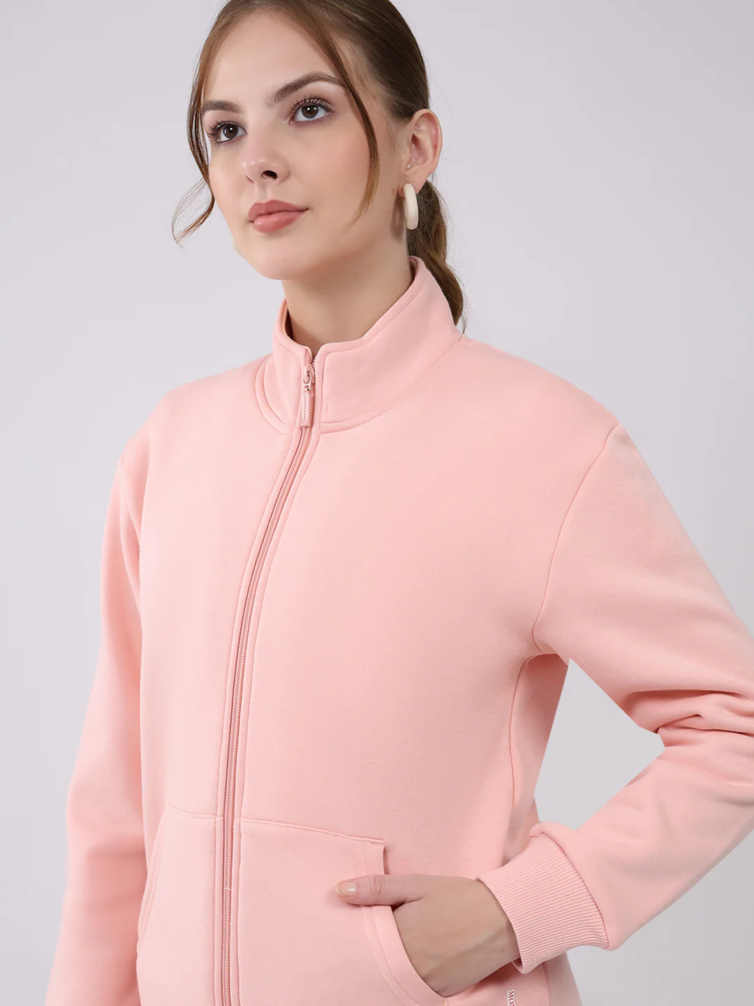 Women Peach Solid Mock Neck Full Sleeve Winter Tracksuit - Image 6