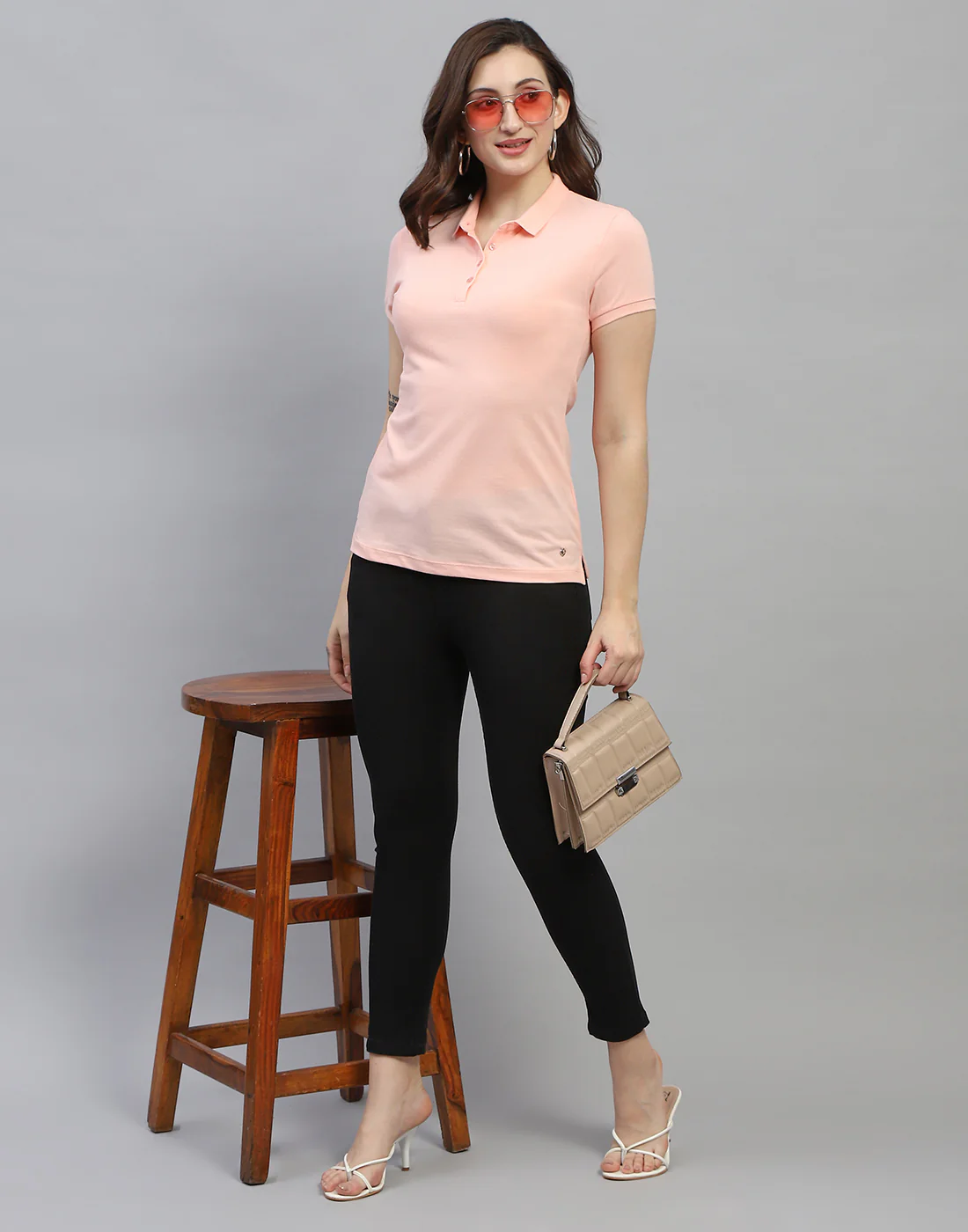 Women Peach Solid Polo Collar Half Sleeve T Shirt - Image 2