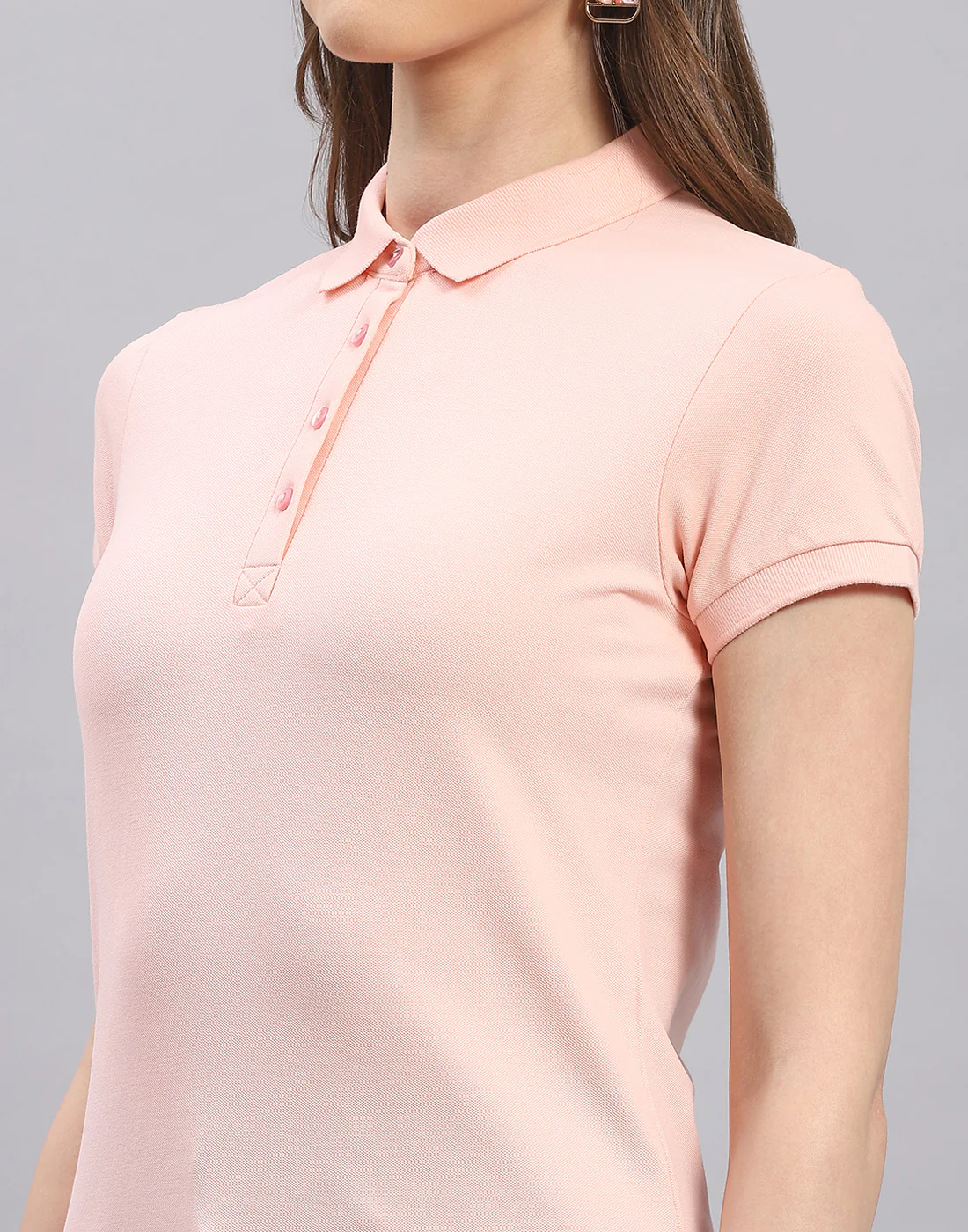 Women Peach Solid Polo Collar Half Sleeve T-Shirt - Image 6