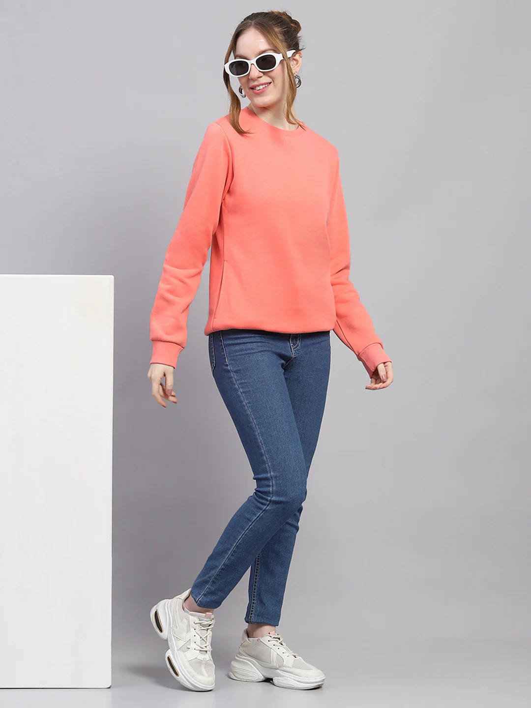 Women Peach Solid Round Neck Full Sleeve Sweatshirt - Image 2