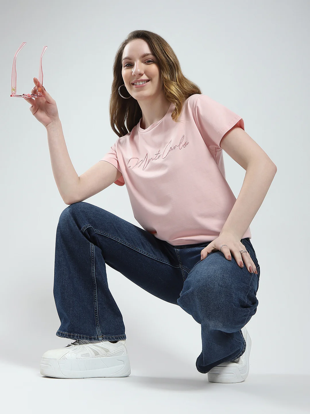 Women Peach Solid Round Neck Half Sleeve Top - Image 2