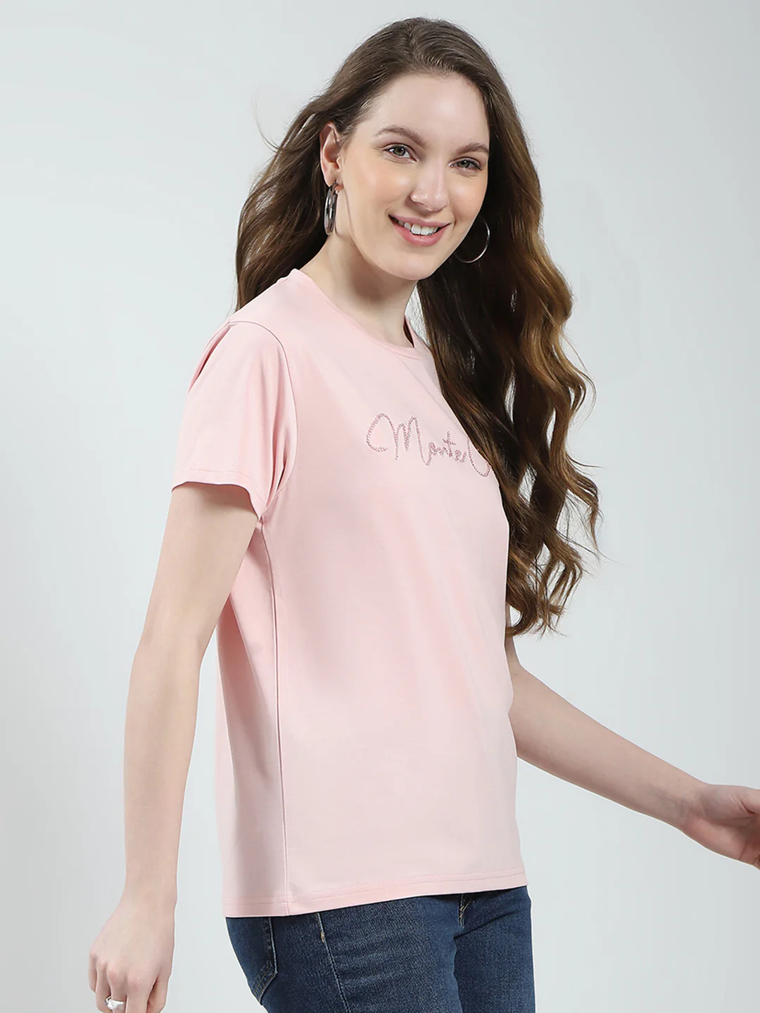 Women Peach Solid Round Neck Half Sleeve Top - Image 4