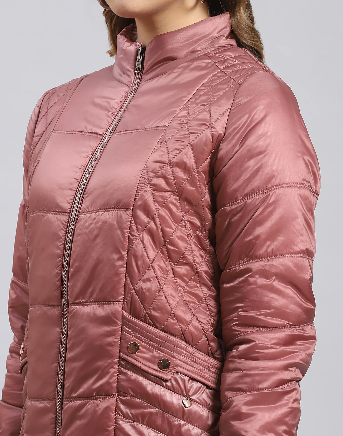 Women Peach Solid Stand Collar Full Sleeve Jacket - Image 9