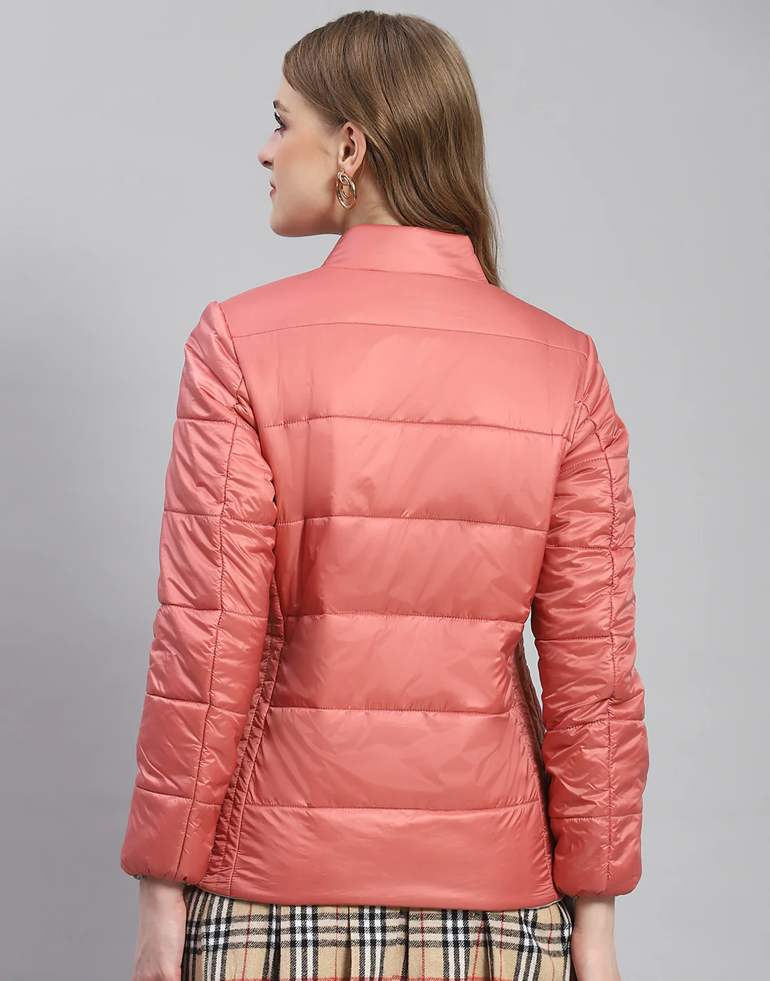 Women Peach Solid Stand Collar Full Sleeve Jacket - Image 6