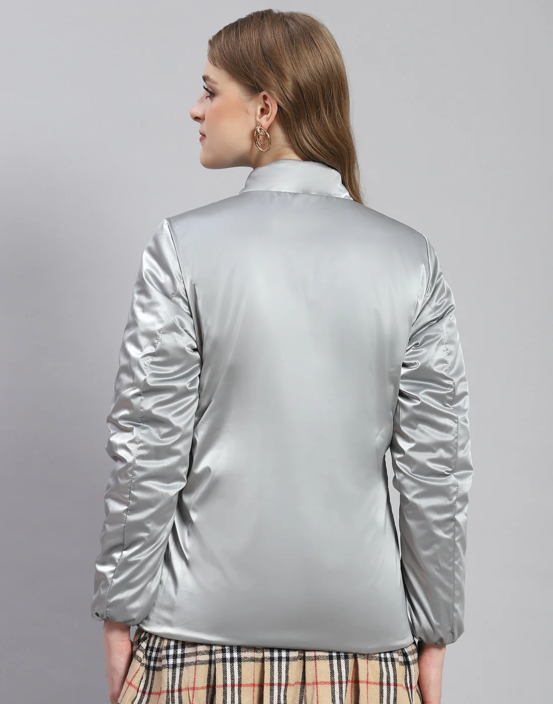 Women Peach Solid Stand Collar Full Sleeve Jacket - Image 7