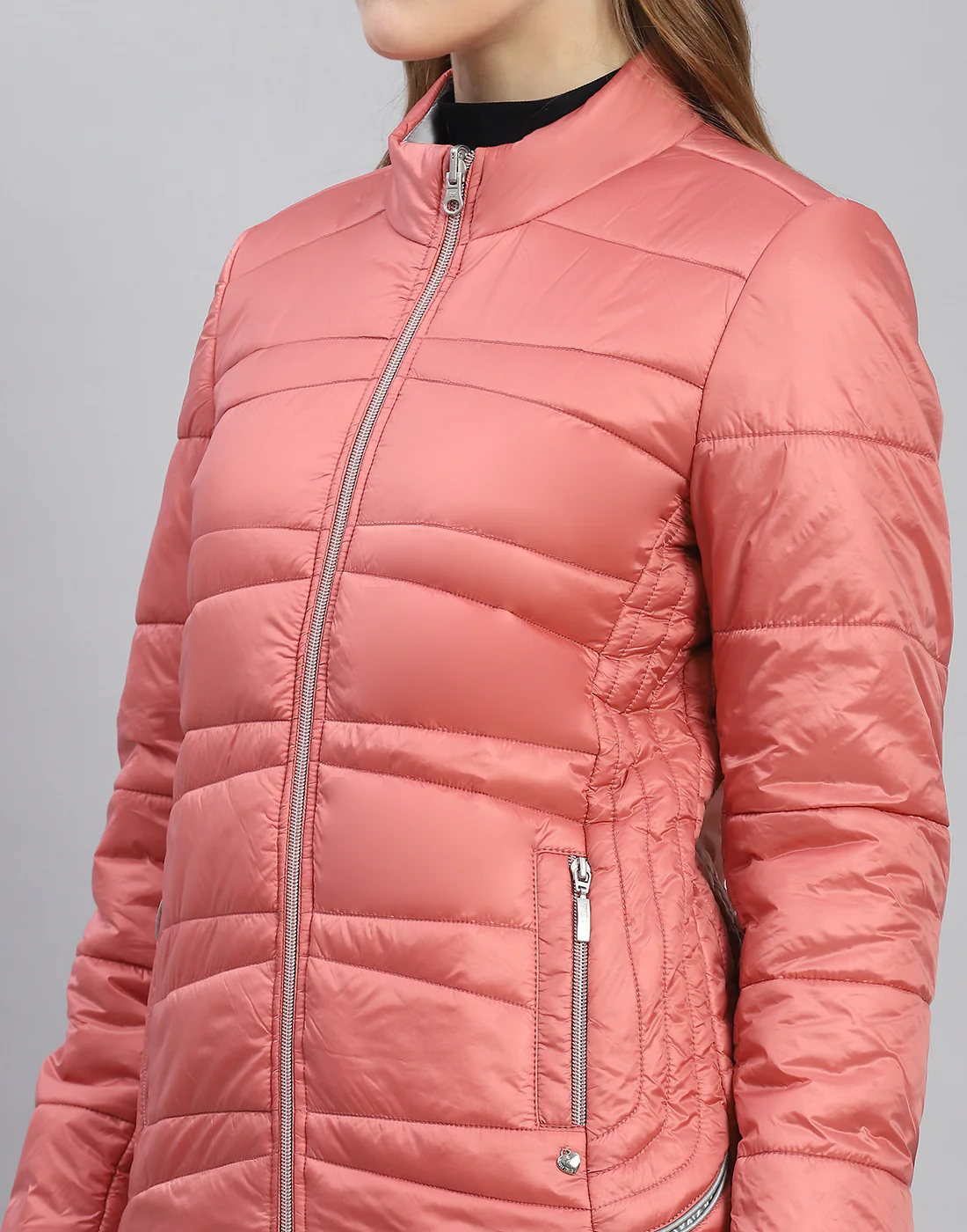 Women Peach Solid Stand Collar Full Sleeve Jacket - Image 8