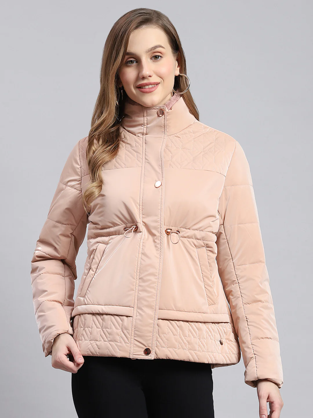 Women Peach Solid Stand Collar Full Sleeve Jackets - Image 2
