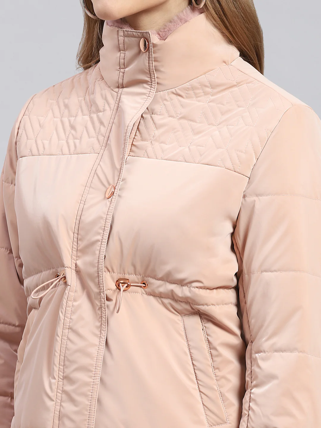 Women Peach Solid Stand Collar Full Sleeve Jackets - Image 6