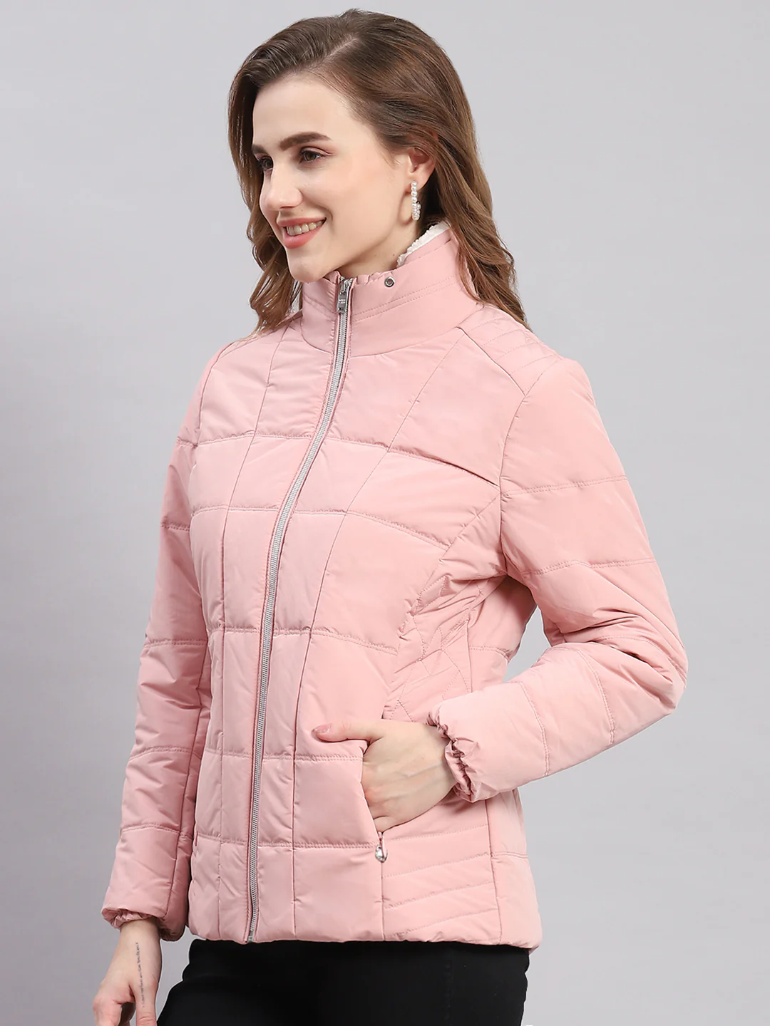 Women Peach Solid Stand Collar Full Sleeve Jackets - Image 3