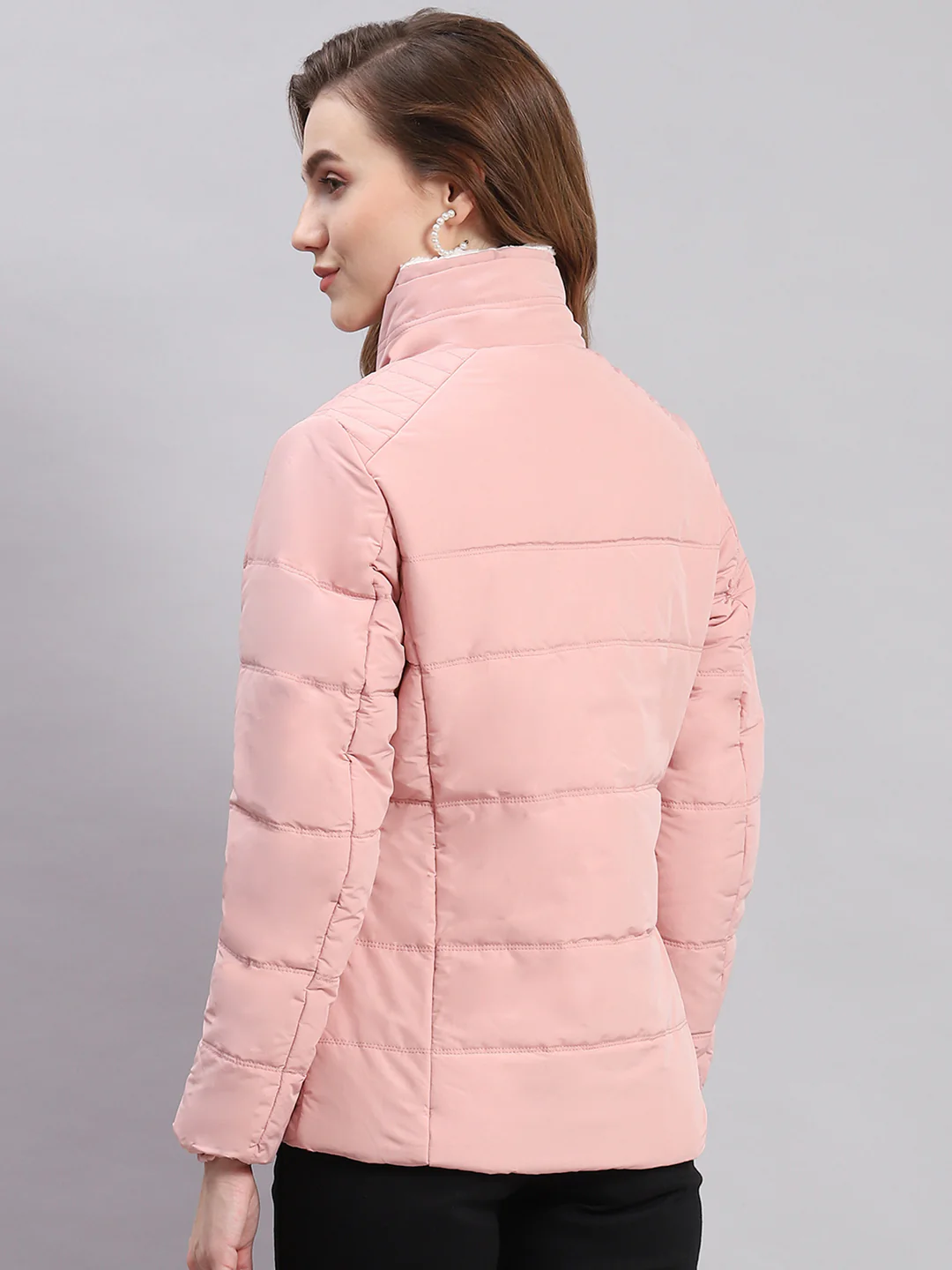 Women Peach Solid Stand Collar Full Sleeve Jackets - Image 5