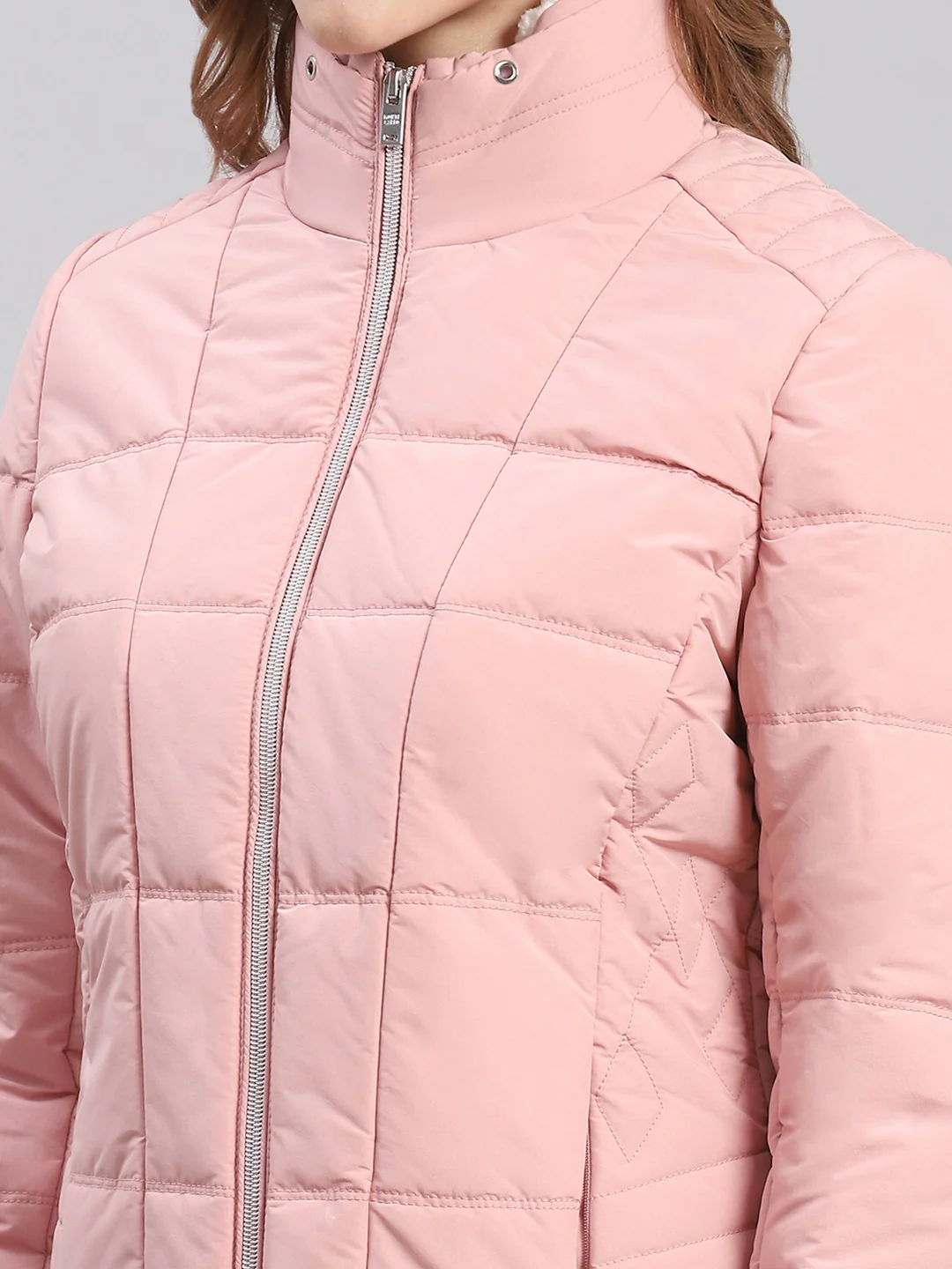 Women Peach Solid Stand Collar Full Sleeve Jackets - Image 6