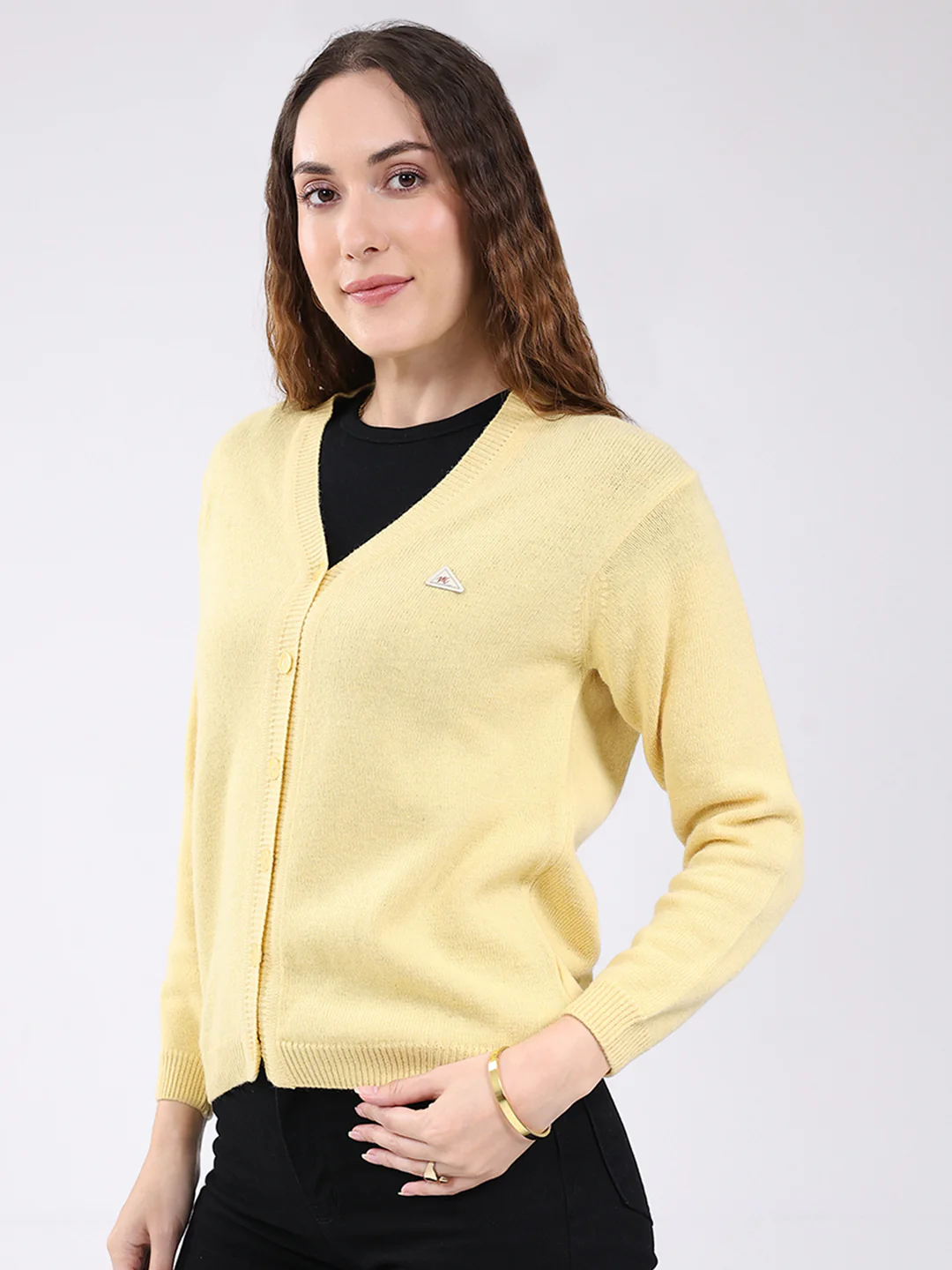 Women Peach Solid V Neck Full Sleeve Cardigan - Image 3