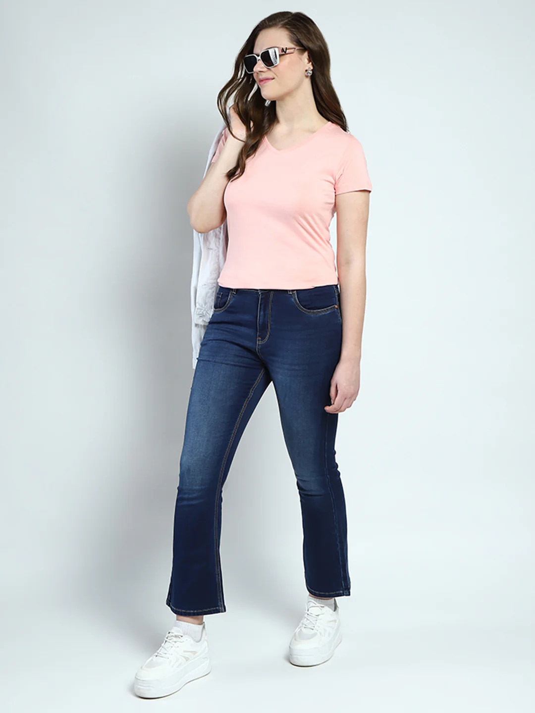 Women Peach Solid V Neck Half Sleeve Top - Image 2