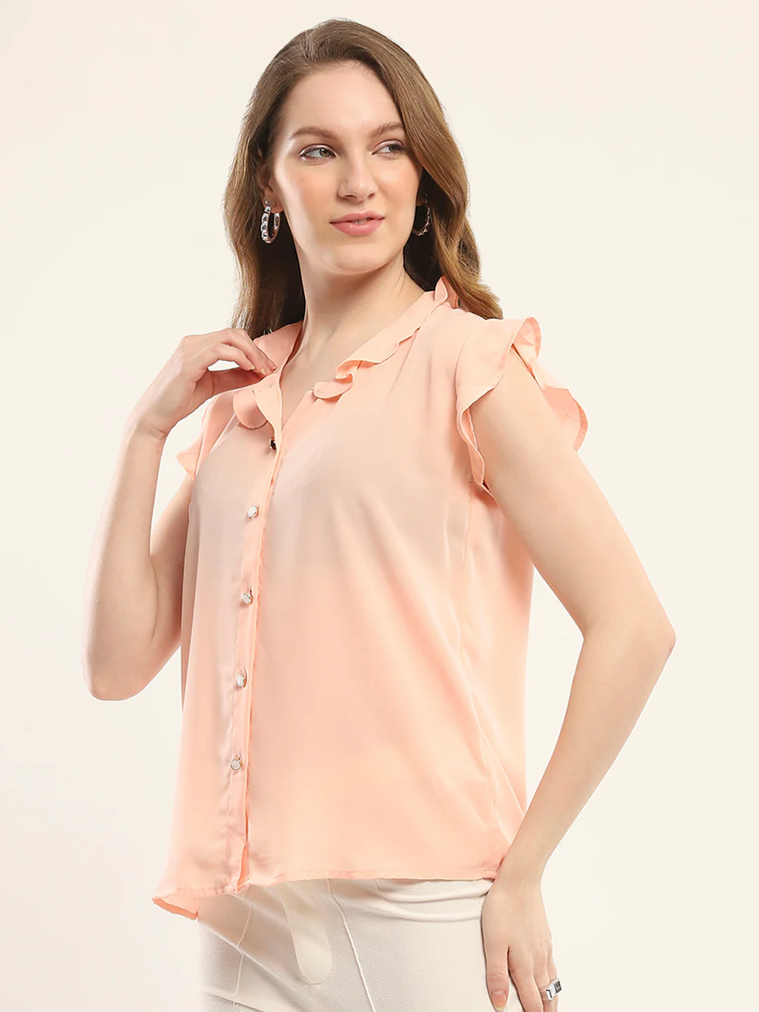 Women Peach Solid V Neck Sleeveless Winte Top - Image 3