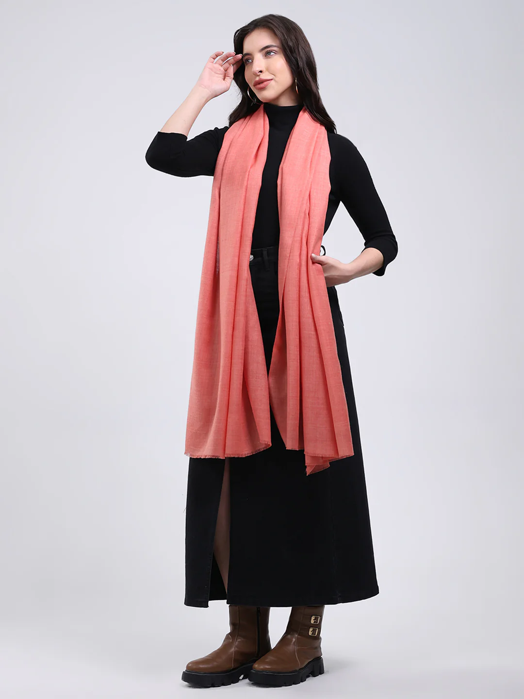 Women Peach Solid Wool Blend Shawl - Image 3
