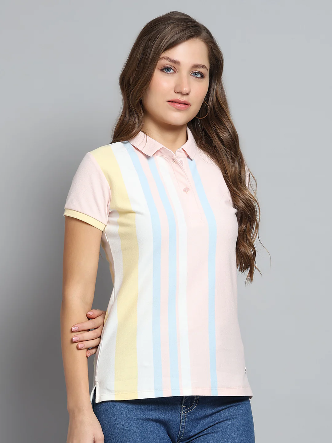 Women Peach Stripe Collar Half Sleeve T-Shirt - Image 4
