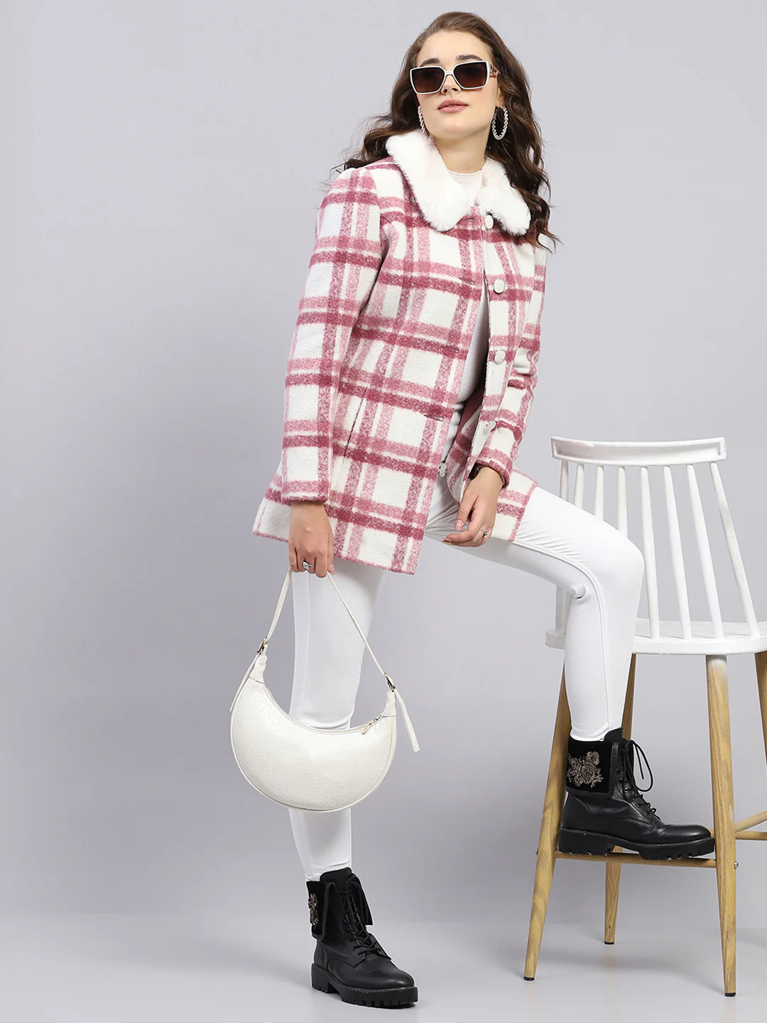 Women Pink Check Collar Full Sleeve Coat - Image 2