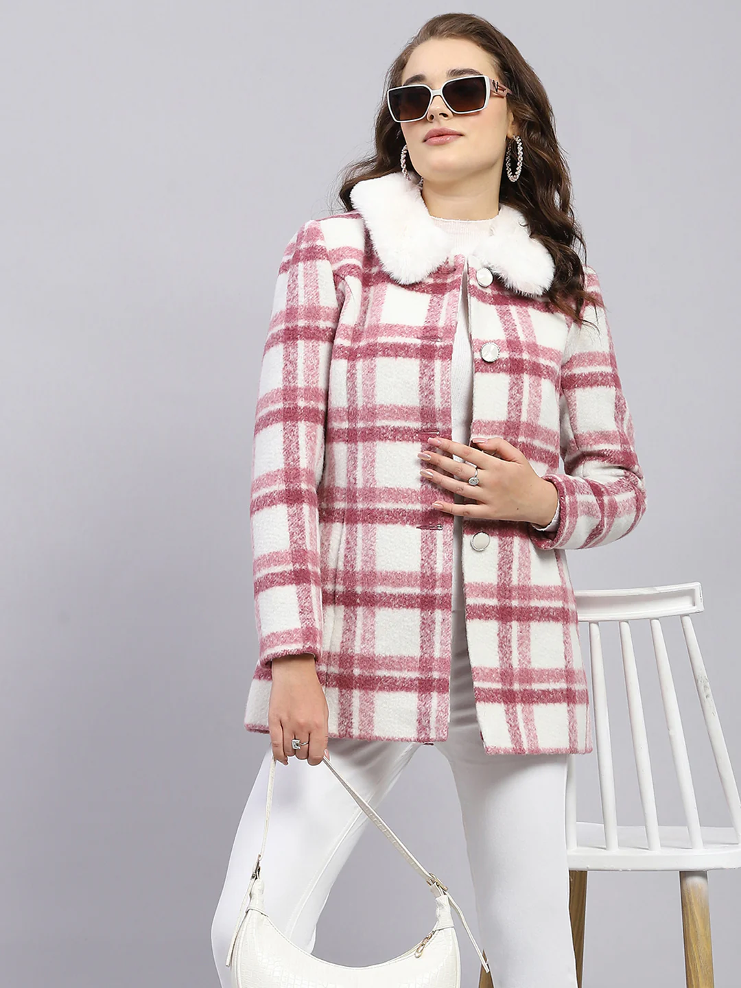 Women Pink Check Collar Full Sleeve Coat - Image 6