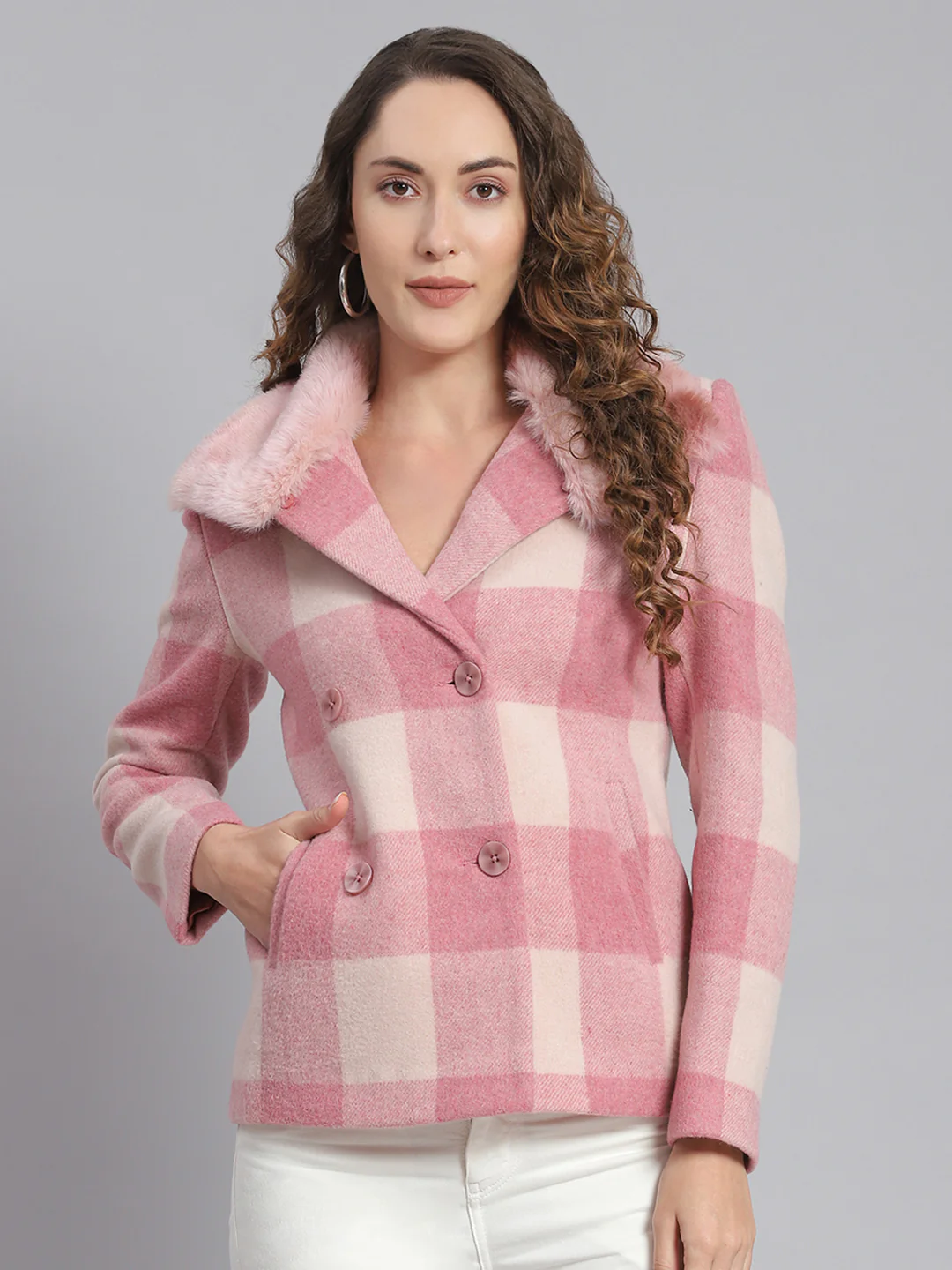Women Pink Check Collar Full Sleeve Coats - Image 3