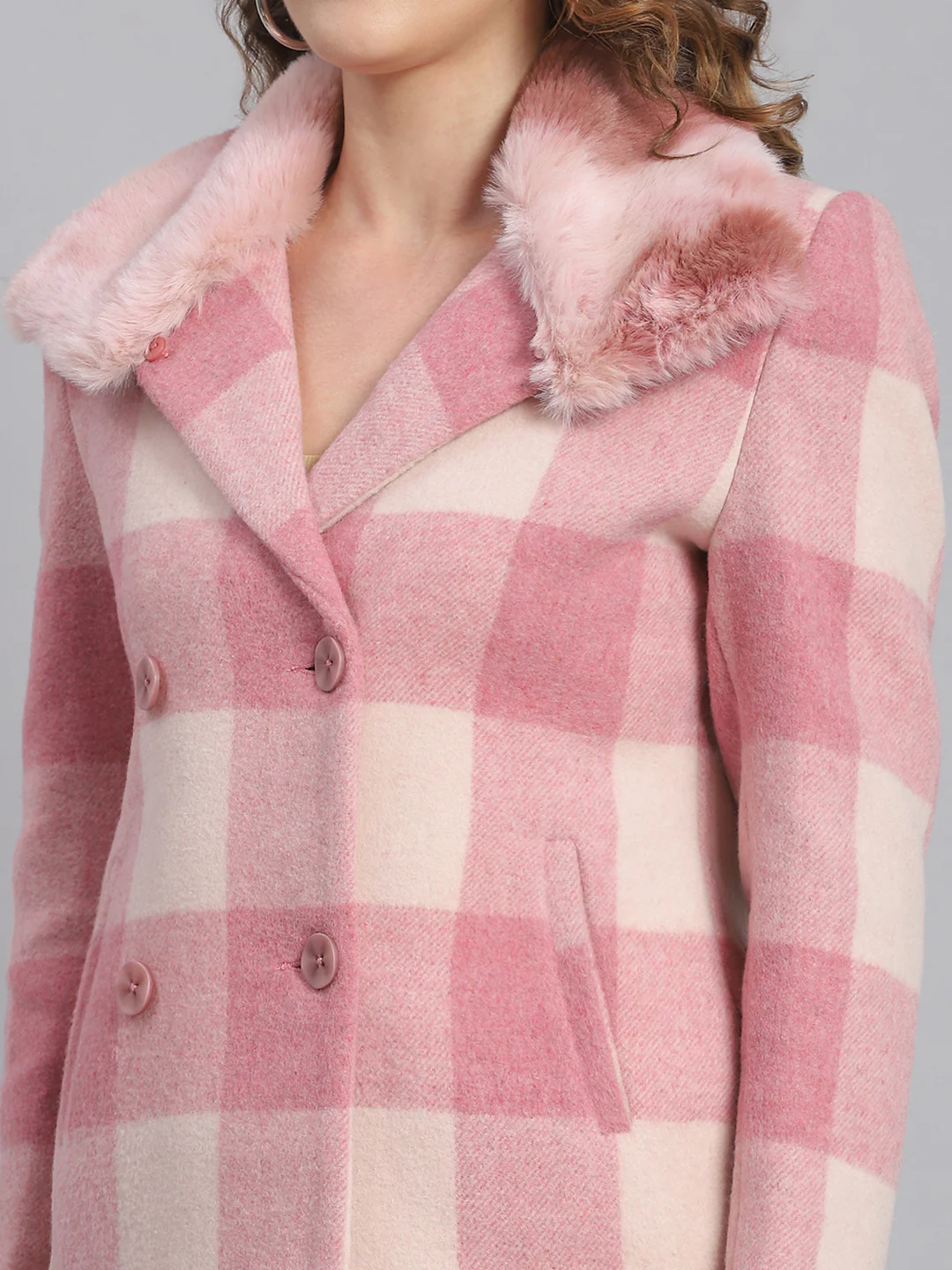 Women Pink Check Collar Full Sleeve Coats - Image 7