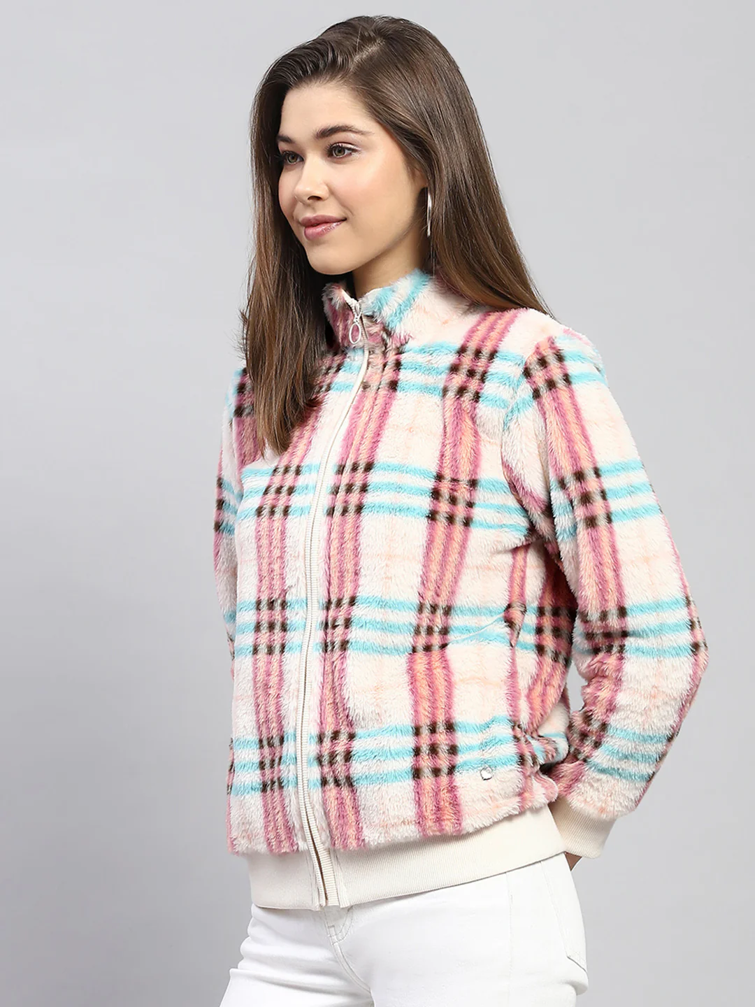 Women Pink Check Mock Neck Full Sleeve Sweatshirt - Image 3