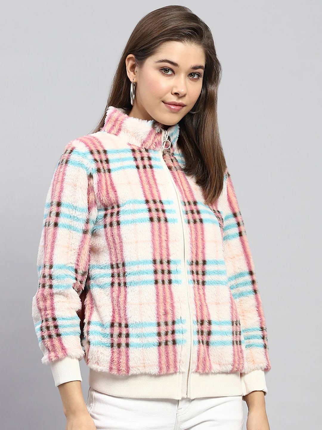 Women Pink Check Mock Neck Full Sleeve Sweatshirt - Image 4