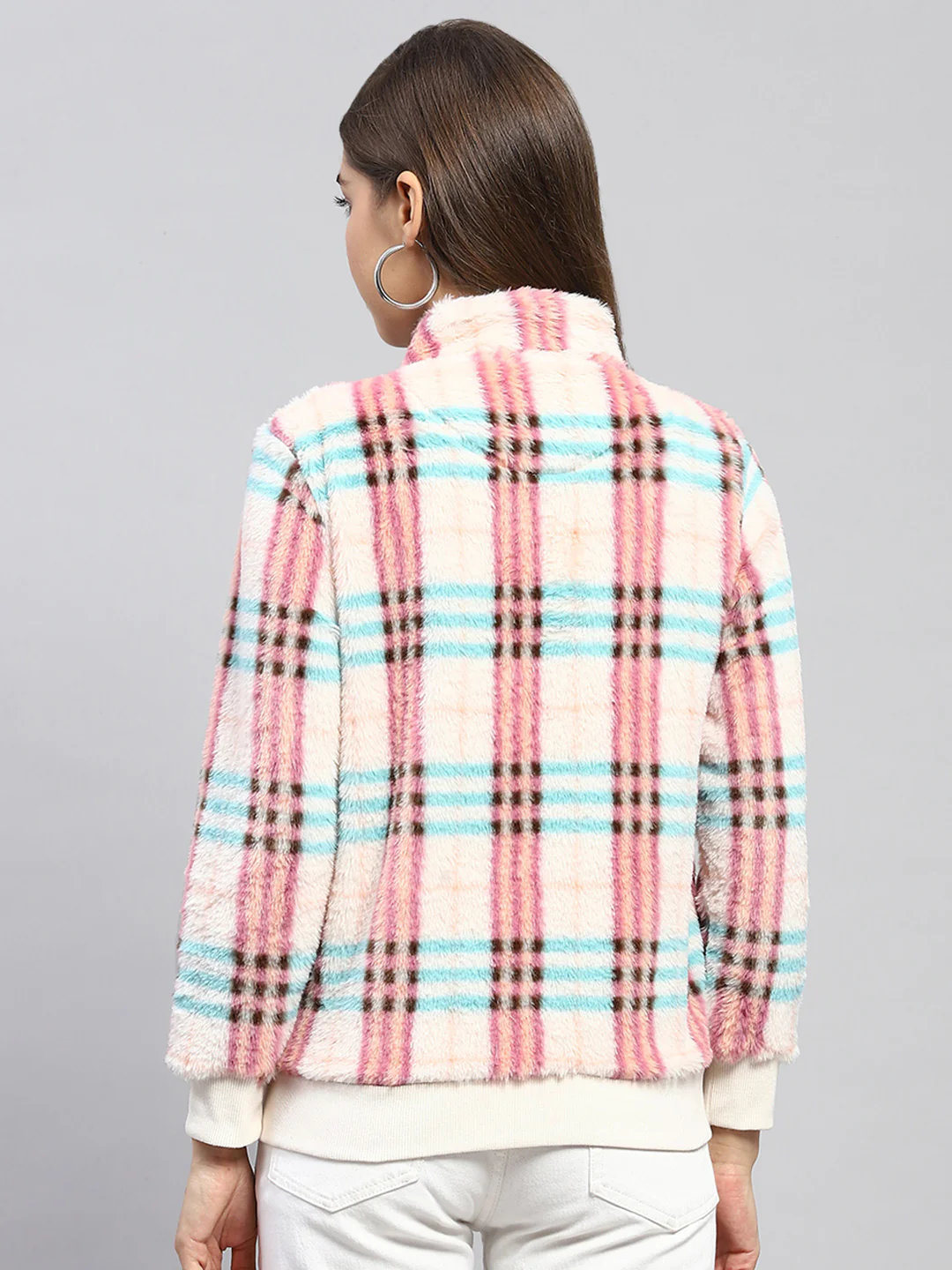 Women Pink Check Mock Neck Full Sleeve Sweatshirt - Image 5