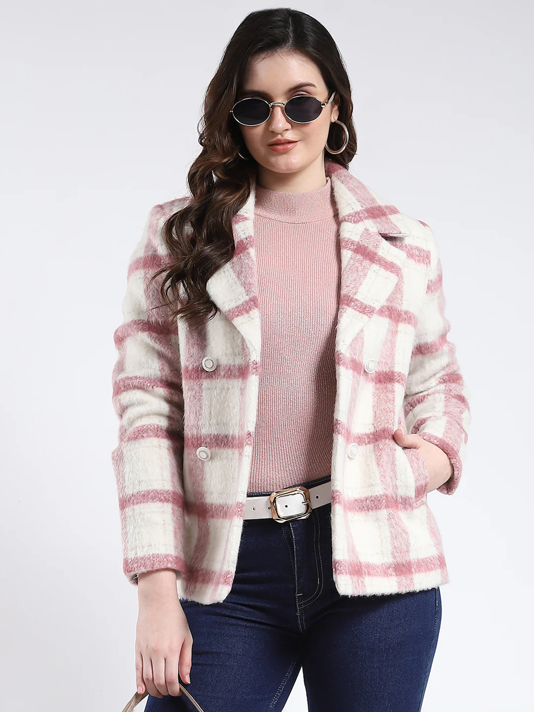 Women Pink Check Notch Lapel Collar Full Sleeve Coat - Image 6