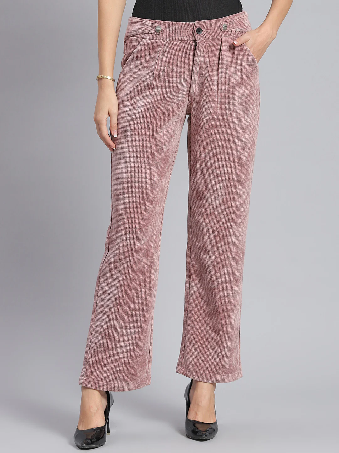 Women Pink Check Regular Fit Winter Lowers - Image 2