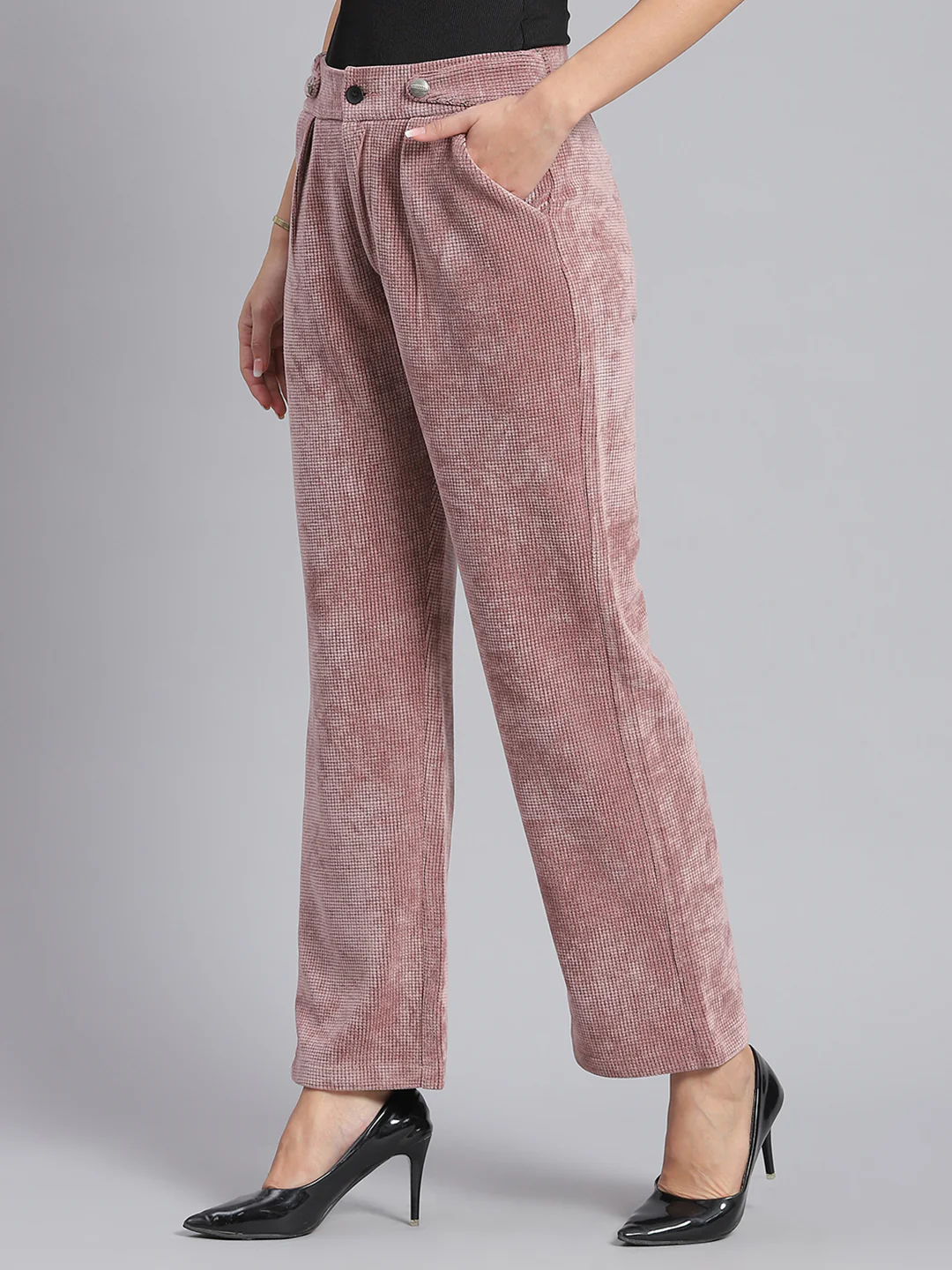 Women Pink Check Regular Fit Winter Lowers - Image 3