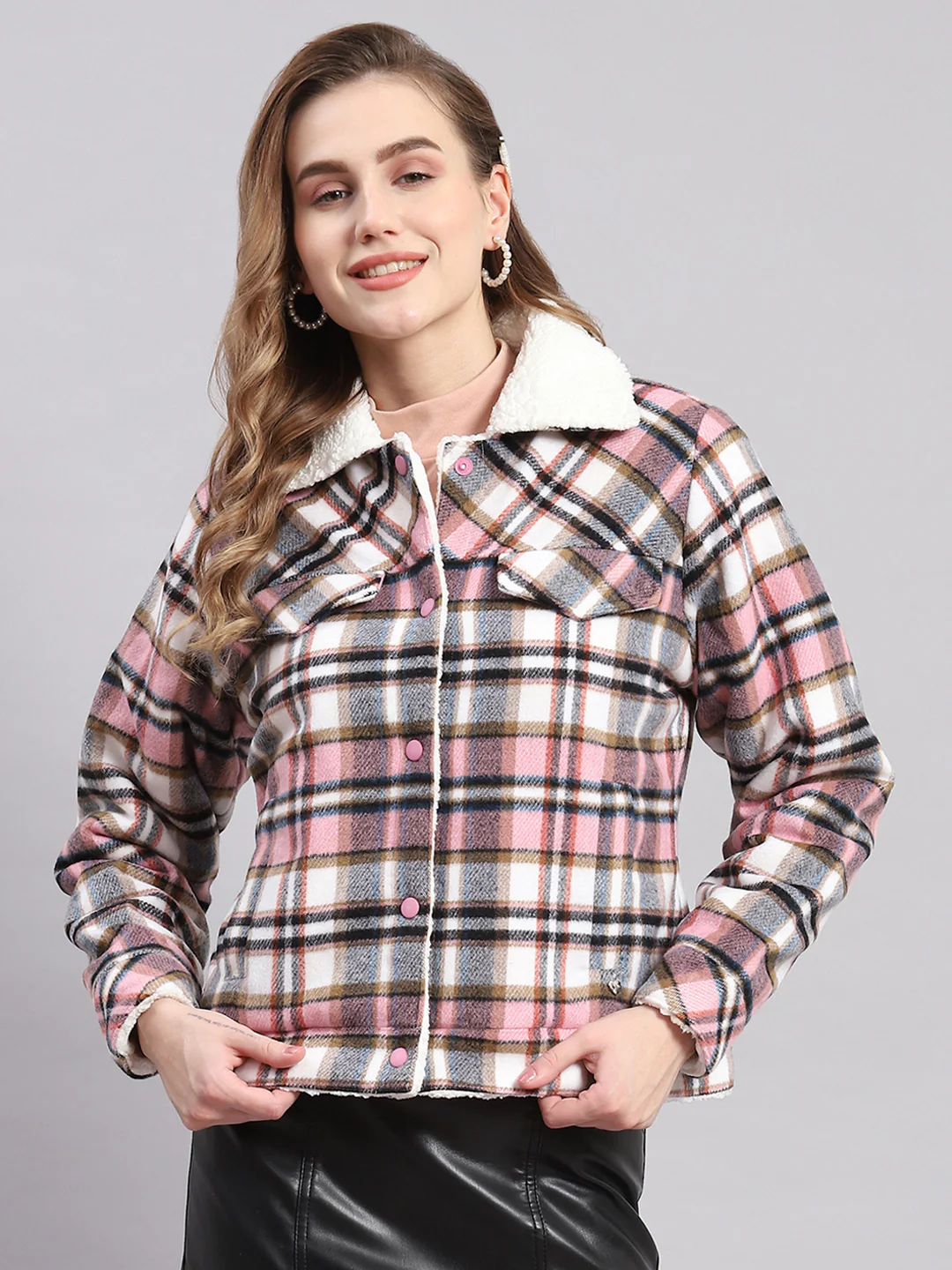 Women Pink Check Spread Collar Full Sleeve Jackets - Image 3