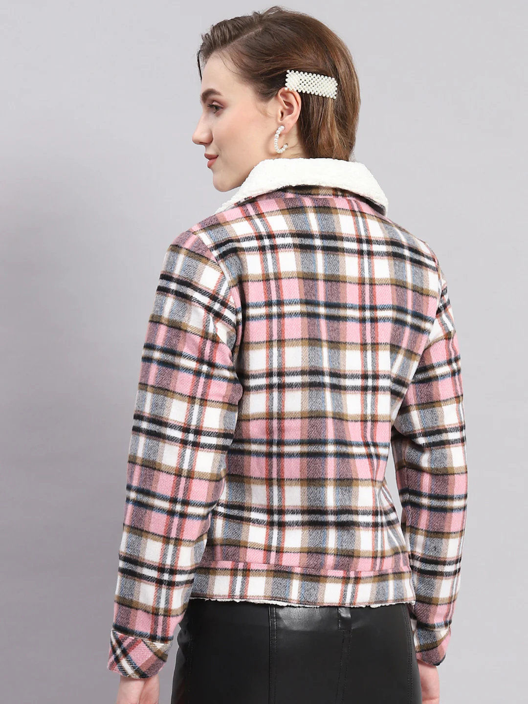 Women Pink Check Spread Collar Full Sleeve Jackets - Image 6