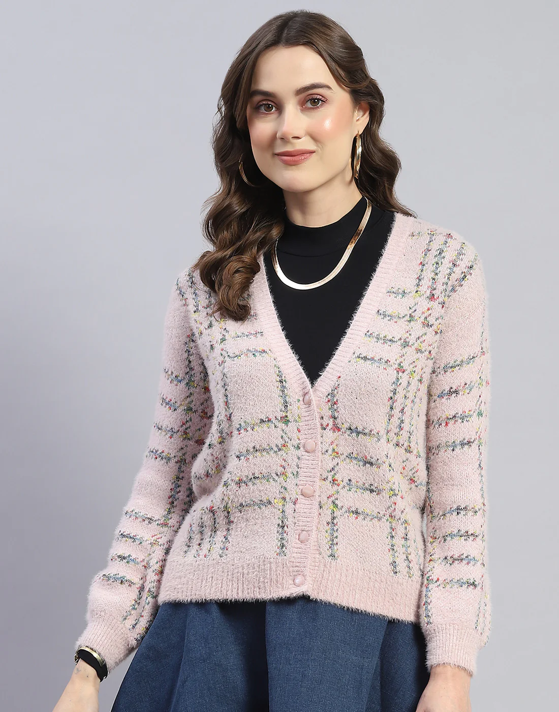 Women Pink Check V Neck Full Sleeve Cardigan - Image 2
