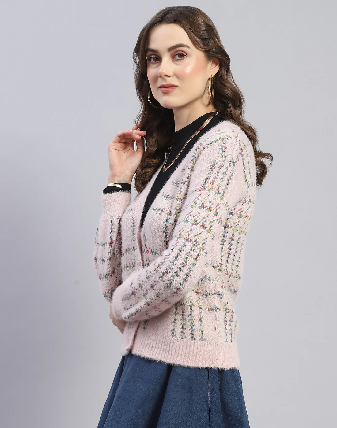Women Pink Check V Neck Full Sleeve Cardigan - Image 3
