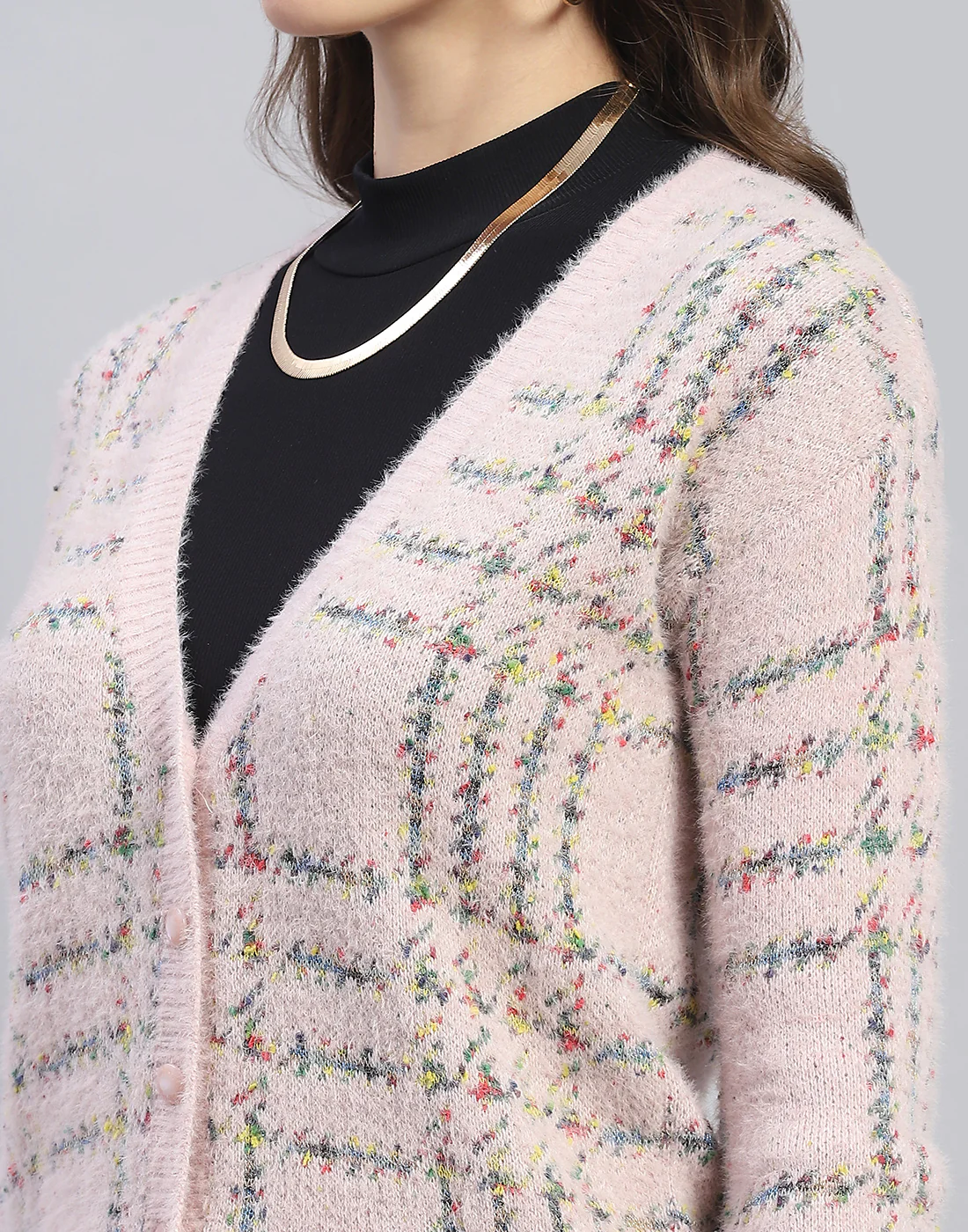 Women Pink Check V Neck Full Sleeve Cardigan - Image 7