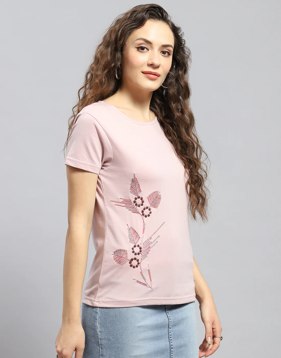 Women Pink Embellished Round Neck Half Sleeve Top - Image 4