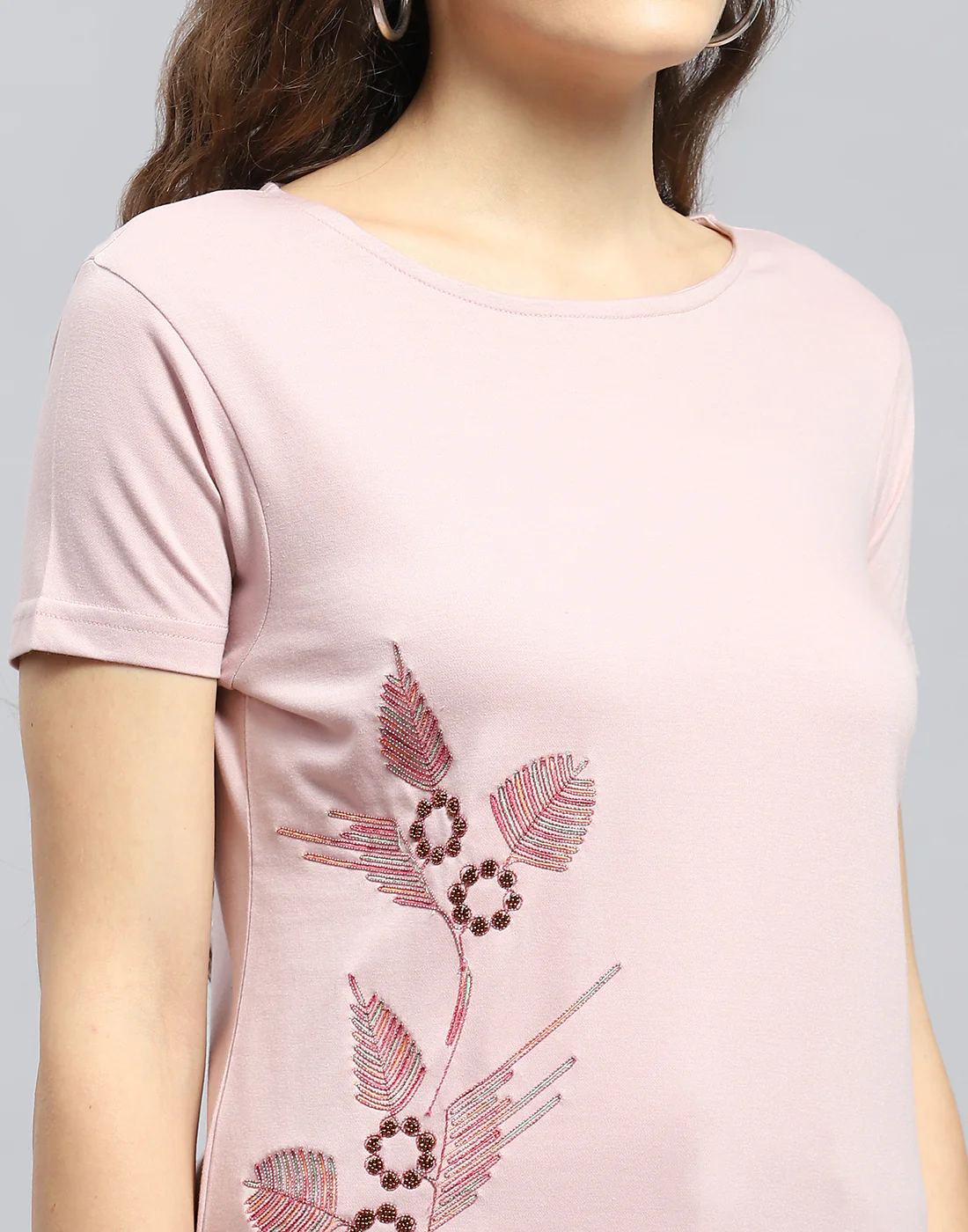 Women Pink Embellished Round Neck Half Sleeve Top - Image 6