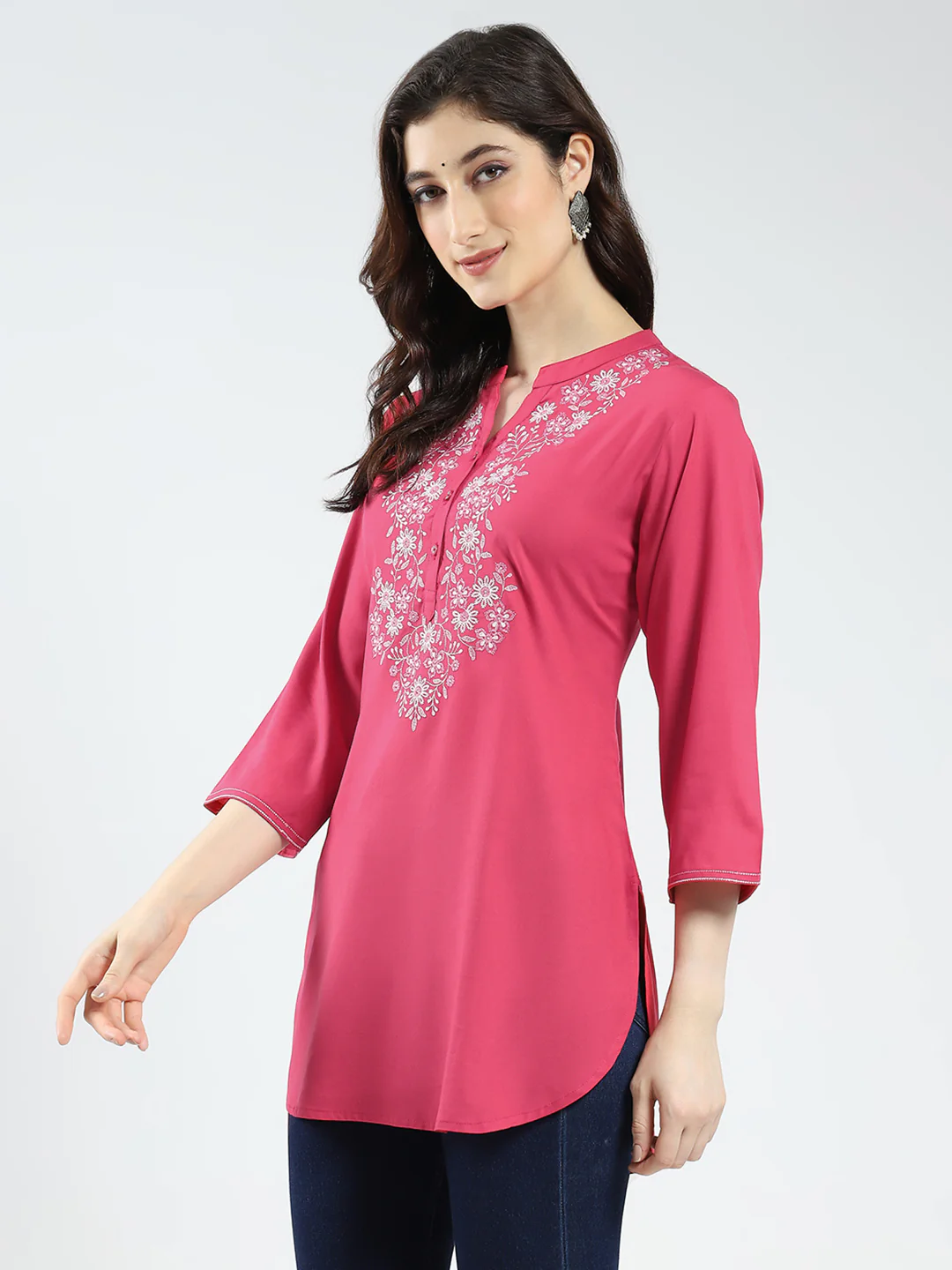 Women Pink Embroidered Band Neck 3/4th Sleeve Top - Image 3
