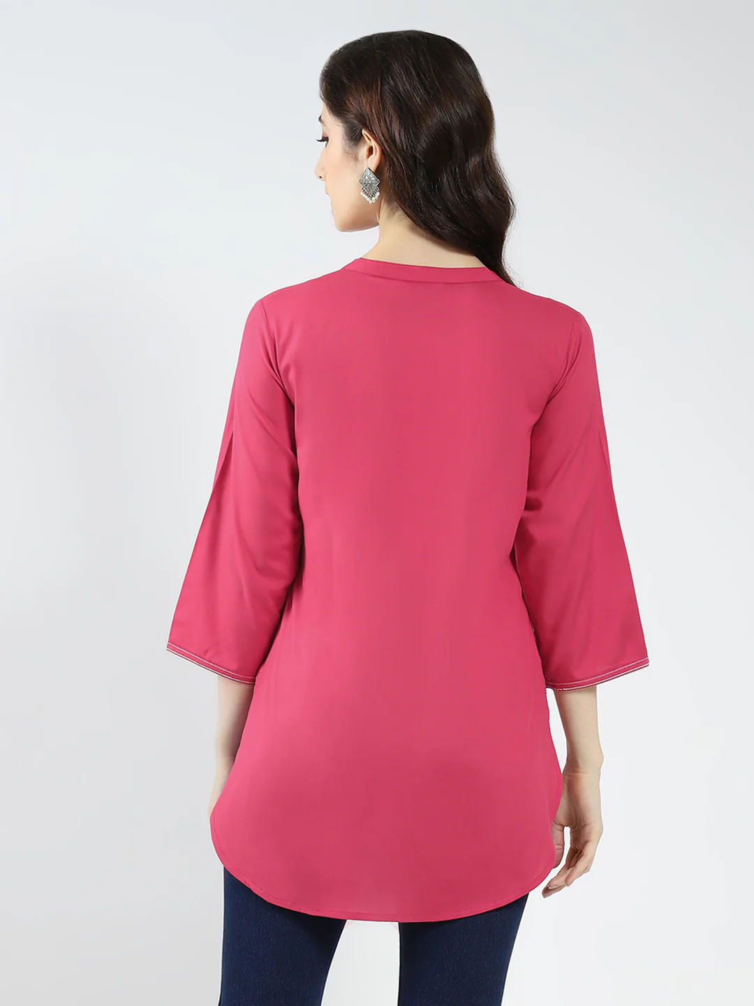 Women Pink Embroidered Band Neck 3/4th Sleeve Top - Image 5