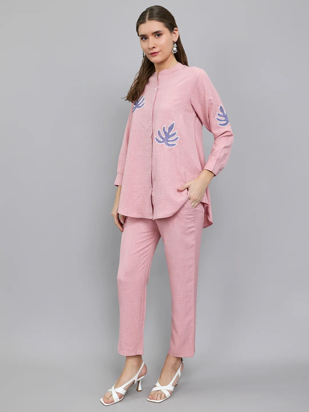 Women Pink Embroidered Henley Neck Full Sleeve Cords Set - Image 2