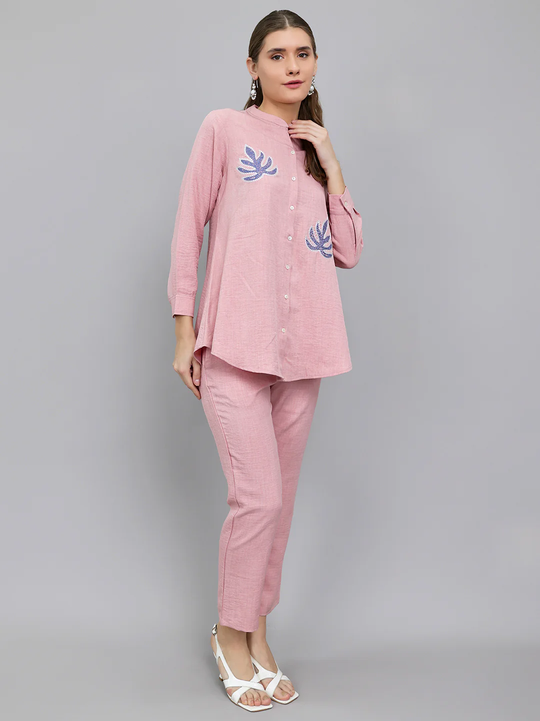 Women Pink Embroidered Henley Neck Full Sleeve Cords Set - Image 3