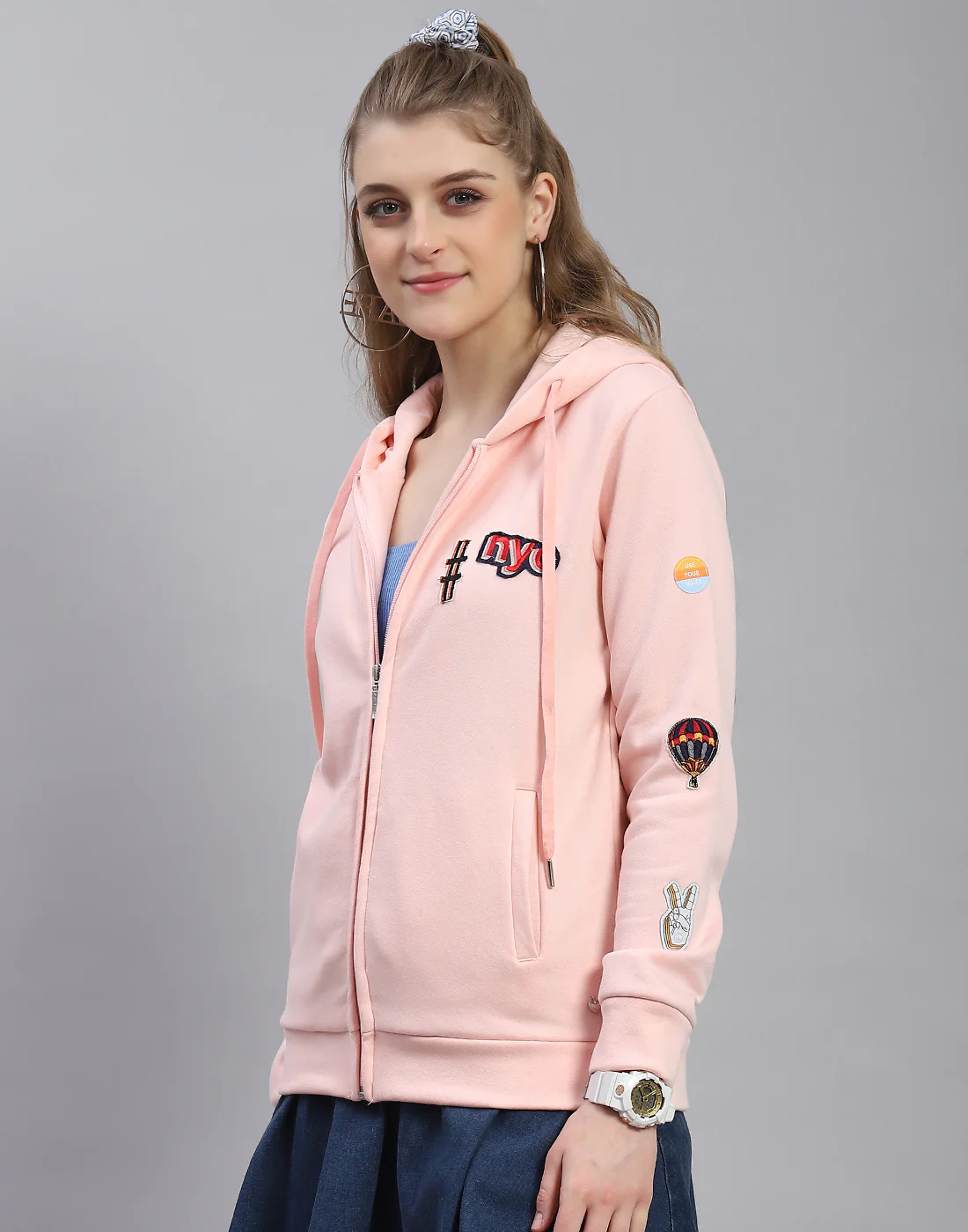 Women Pink Embroidered Hooded Full Sleeve Sweatshirt - Image 4