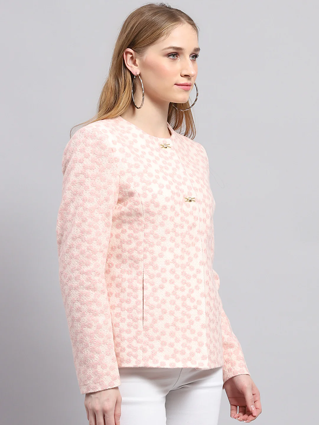 Women Pink Embroidered Round Neck Full Sleeve Coat - Image 4