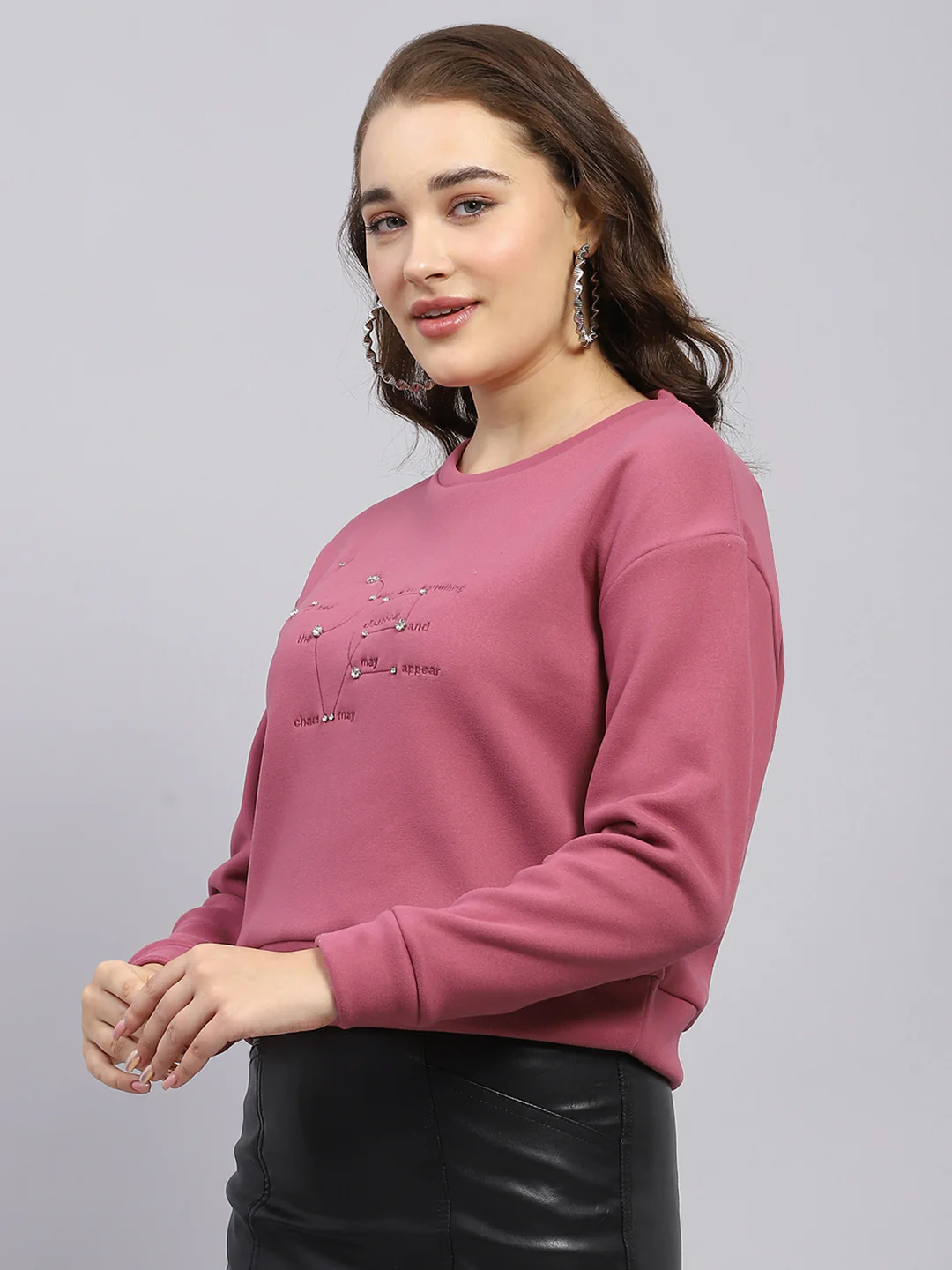 Women Pink Embroidered Round Neck Full Sleeve Sweatshirt - Image 3