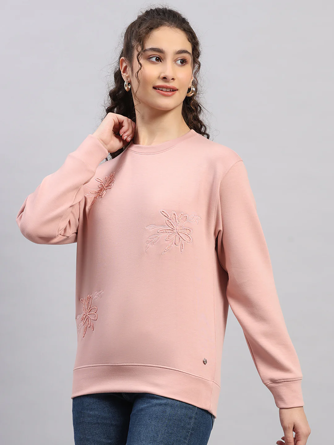 Women Pink Embroidered Round Neck Full Sleeve Sweatshirt - Image 3