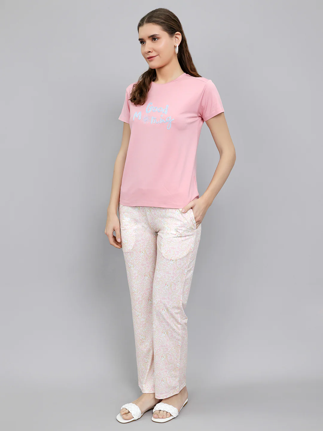 Women Pink Embroidered Round Neck Half Sleeve Lower Set - Image 2