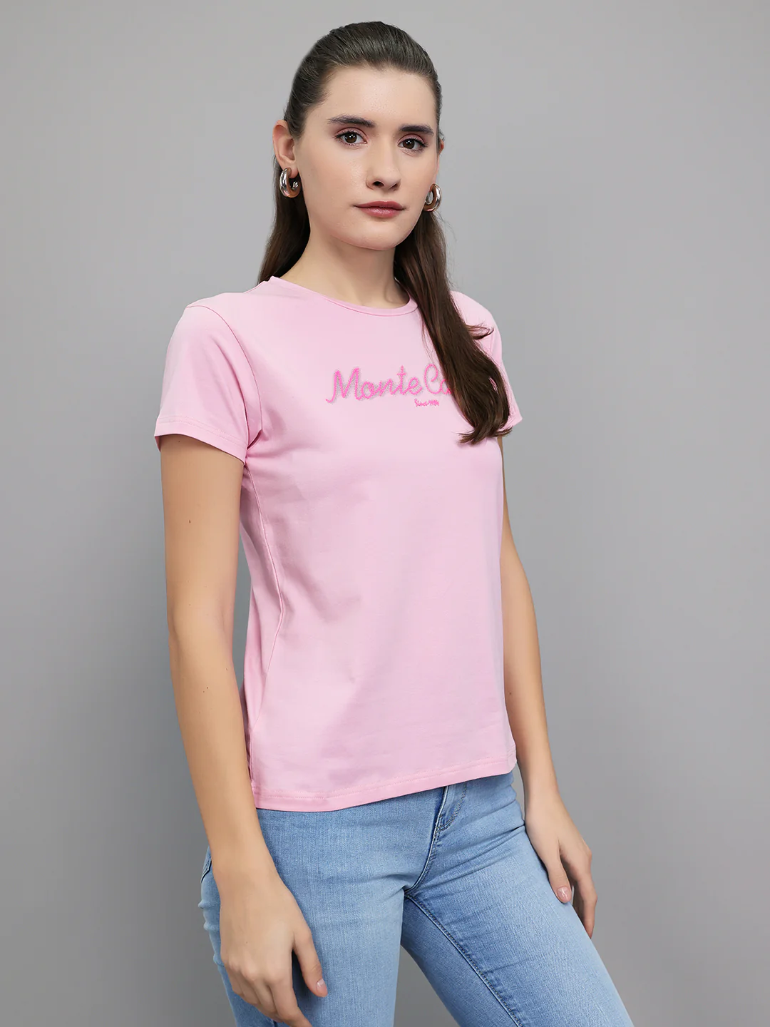 Women Pink Embroidered Round Neck Half Sleeve Top - Image 3